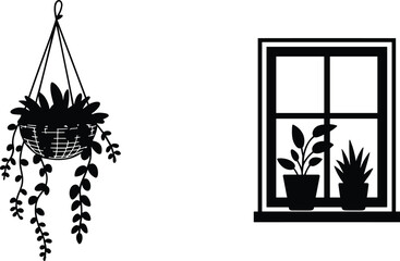 Hanging basket plant silhouette, window potted plants decoration, modern home interior decor, botanical wall art design, cad drawing flat vector illustration