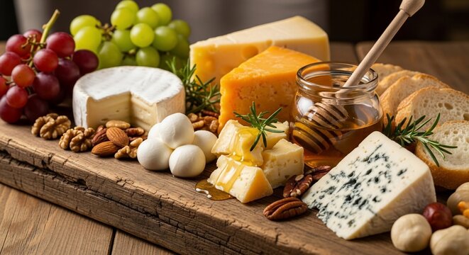 Gourmet cheese and fruit selection on wooden board overhead still life