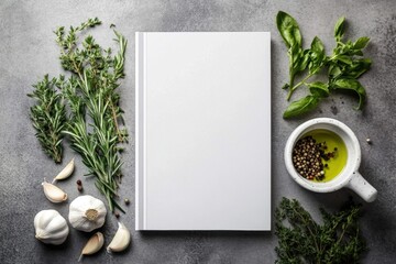 Flat lay various herbs spices arranged gray textured Blank white book cover
