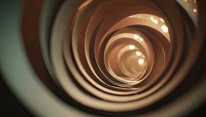 A mesmerizing inward spiral of concentric beige and taupe circles, leading to a warm, softly lit center