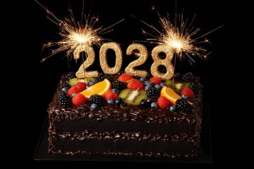 Chocolate cake decorated with 2028 sparkler candles