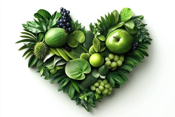 Heart-shaped arrangement made up various green leaves fruits in forming