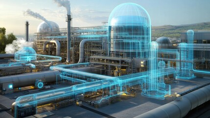 Industrial plant multiple large pipes equipment appears to Digital twin technology creates