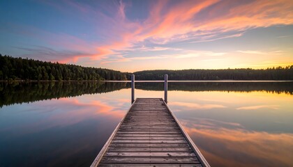 Fototapeta premium Tranquil Lakeside Sunset with Rustic Wooden Pier and Vibrant Sky Reflected on Calm Water, Forest Horizon at Golden Hour