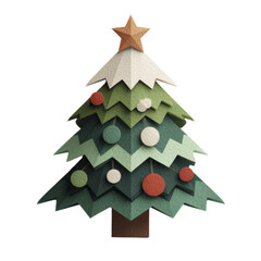 Fototapeta premium Stylized paper cut Christmas tree decorated with red white and green baubles and a gold star on top