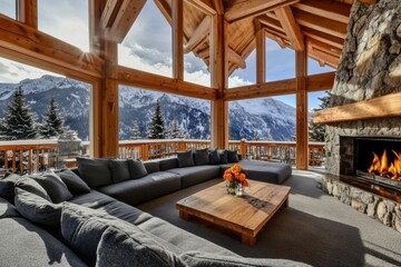Fototapeta premium Luxurious living room beautiful view mountains has high Luxury chalet interior