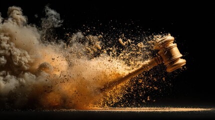 Gavel smashing social media panel with sparks in dramatic minimal scene