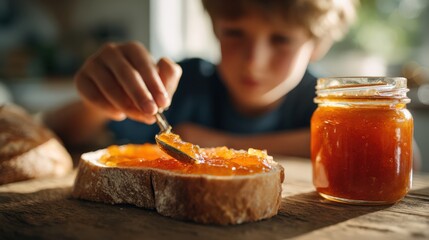 Smiling child spreading apricot jam on rustic bread in bright kitchen