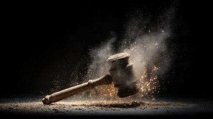 Gavel smashing social media panel with sparks in dramatic minimal scene