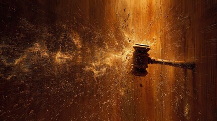 Gavel smashing social media panel with sparks in dramatic minimal scene