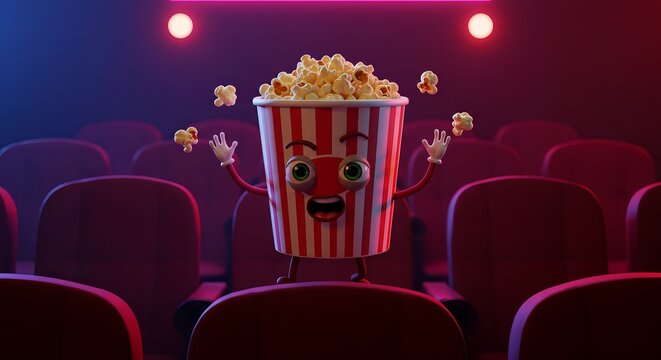 A fun and excited cartoon popcorn bucket character with wide eyes and a smile sitting in a movie theater filled with rows of empty seats