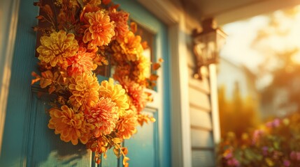 Freshly painted front door with hardware and wreath in golden hour