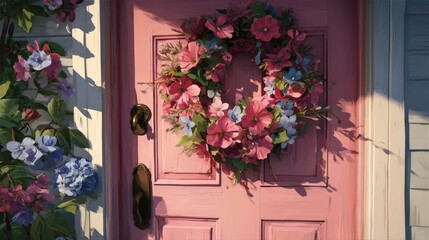 Freshly painted front door with hardware and wreath in golden hour