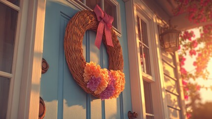 Freshly painted front door with hardware and wreath in golden hour