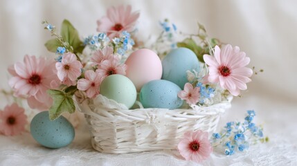 Pastel Easter eggs and spring flowers in delicate white basket