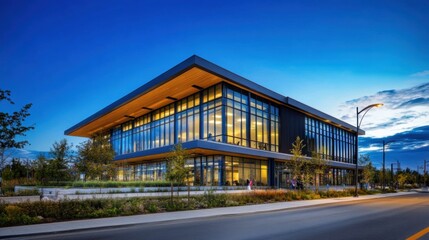 Modern office building large glass facade is located Energy-efficient improvements focus