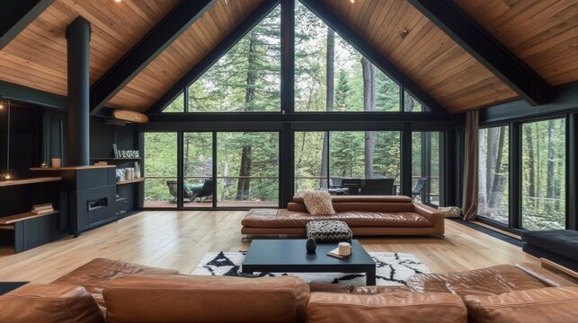 Modern luxurious living room high ceiling wooden walls a-frame cabin interior