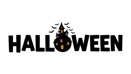 Halloween House Illustration: A spooky silhouette of a haunted house, complete with bats, forming the central emblem for Halloween, conjuring a sense of eerie delight.