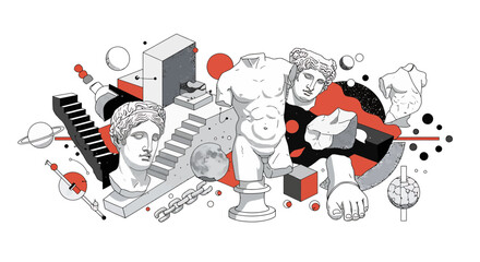 Abstract composition with classical sculpture elements, geometric shapes, and architectural details