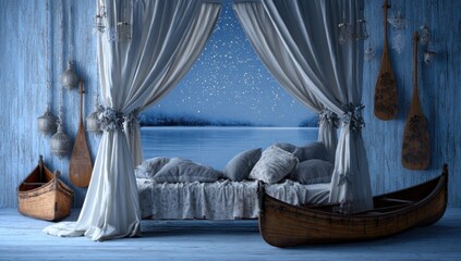 A serene bedroom with a view of a night sky over a winter lake, featuring a wooden canoe and draped curtains.