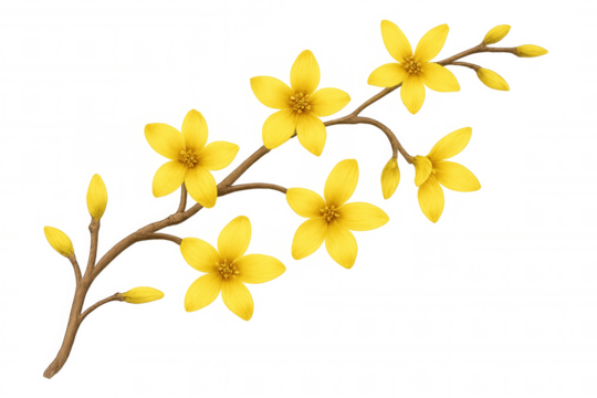 Forsythia branch blooming yellow flowers and buds, a spring botanical illustration with transparent background