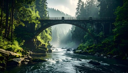 Fototapeta premium Ancient Stone Arch Bridge Spanning a Serene Forest River with Misty Sunlight and Lush Green Trees