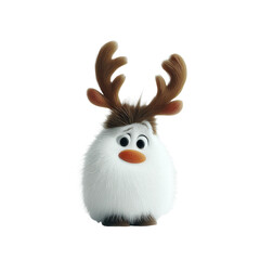 Fluffy white creature with reindeer antlers and orange carrot nose isolated on black