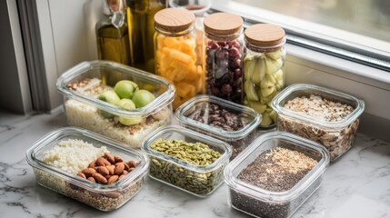 Overhead keto meal prep with low-carb food containers and ingredients