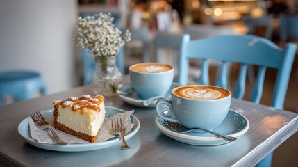 Minimal cafe table with cheesecake loaf and lattes