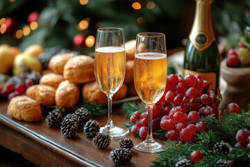 Naklejka premium glasses of champagne with Christmas decorations and pine cones.