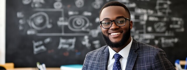 Portrait young African-American man standing front blackboard various Confident American Educator