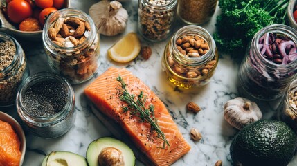 Overhead keto meal prep with low-carb food containers and ingredients