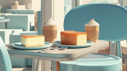 Minimal cafe table with cheesecake loaf and lattes