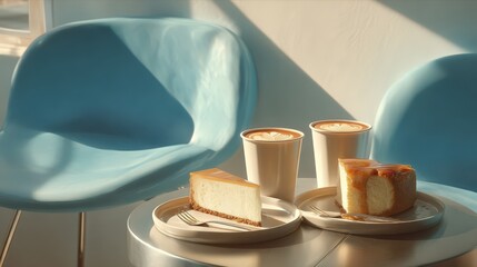 Minimal cafe table with cheesecake loaf and lattes