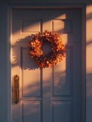 Freshly painted front door with hardware and wreath in golden hour