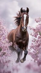 Photorealistic galloping brown horse with white blaze and flowers