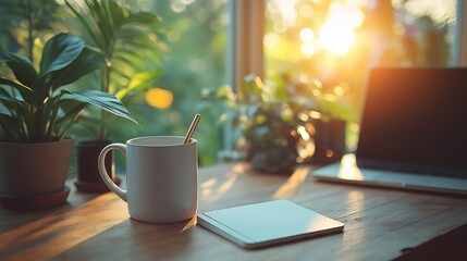 A bright sunbeam illuminates a peaceful home office setup featuring a laptop computer and a cup of coffee perfect for remote work productivity and morning reflection