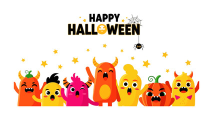 Happy Halloween Festive: Whimsical Halloween characters and decorations create a festive illustration celebrating the holiday's spirit, a vibrant collection of trick-or-treat fun and spooky delight!