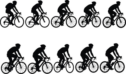 Fototapeta premium Cyclist silhouettes, road biking, group ride, race motion, sports activity, helmet gear, urban commute, fitness journey