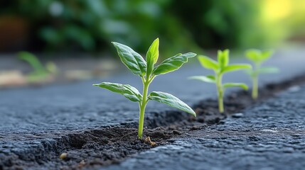 Vibrant Small Green Seedlings Growing from Cracks in Asphalt/Dark Cracked Ground, Sharp Focus on Nearest Seedling