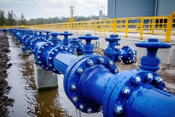 Row blue pipes valves industrial area are arranged Large water