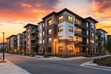 Row modern apartment buildings sunset are made brick residential