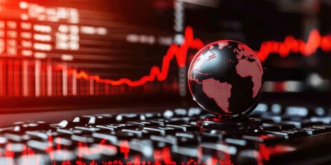 Fototapeta premium Small globe center black background red lines graphs The global recession