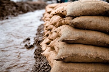 Stack burlap sacks bank river are arranged neat Wall of sandbags protecting