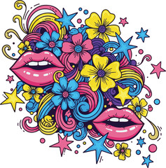 Fototapeta premium Colorful Abstract Illustration with Lips, Flowers, and Stars