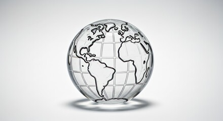 A clear, transparent globe, displaying world map outlines and grid lines, sits against a plain, bright background.
