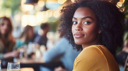 Young African-American woman curly hair sitting cafe restaurant Work Life Balance Initiatives