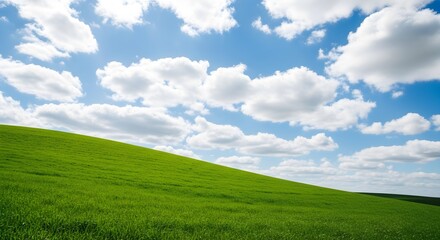 A serene green rolling hill under a bright blue sky filled with fluffy white clouds, evoking a sense of peace and natural beauty