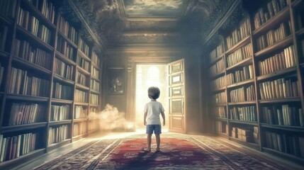Young boy standing middle large room filled bookshelves Child Discovering Secret Door