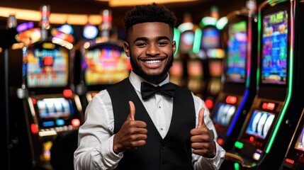 Young man casino standing front row slot machines Confident and Cheerful